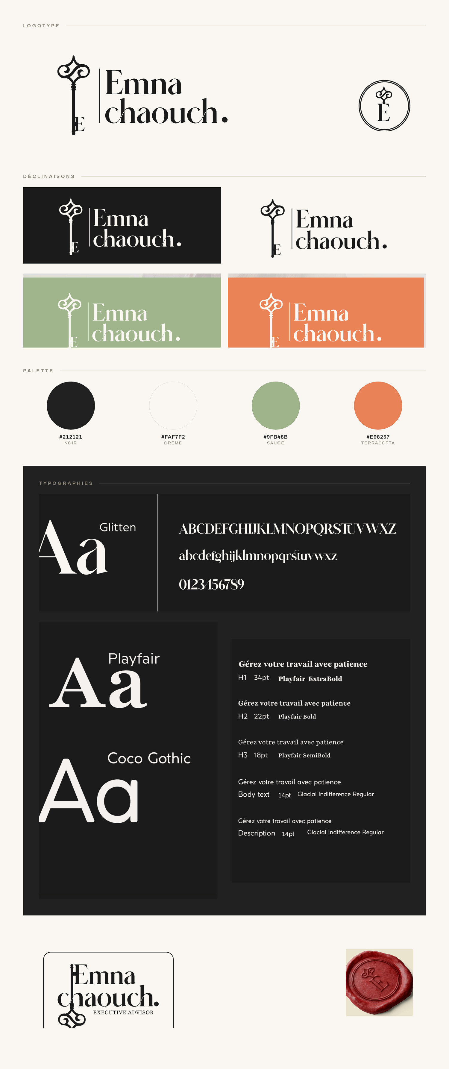 La charte de la nouvelle marque Emna Chaouch : logotype et monogramme, déclinaisons couleur, palette, typographies