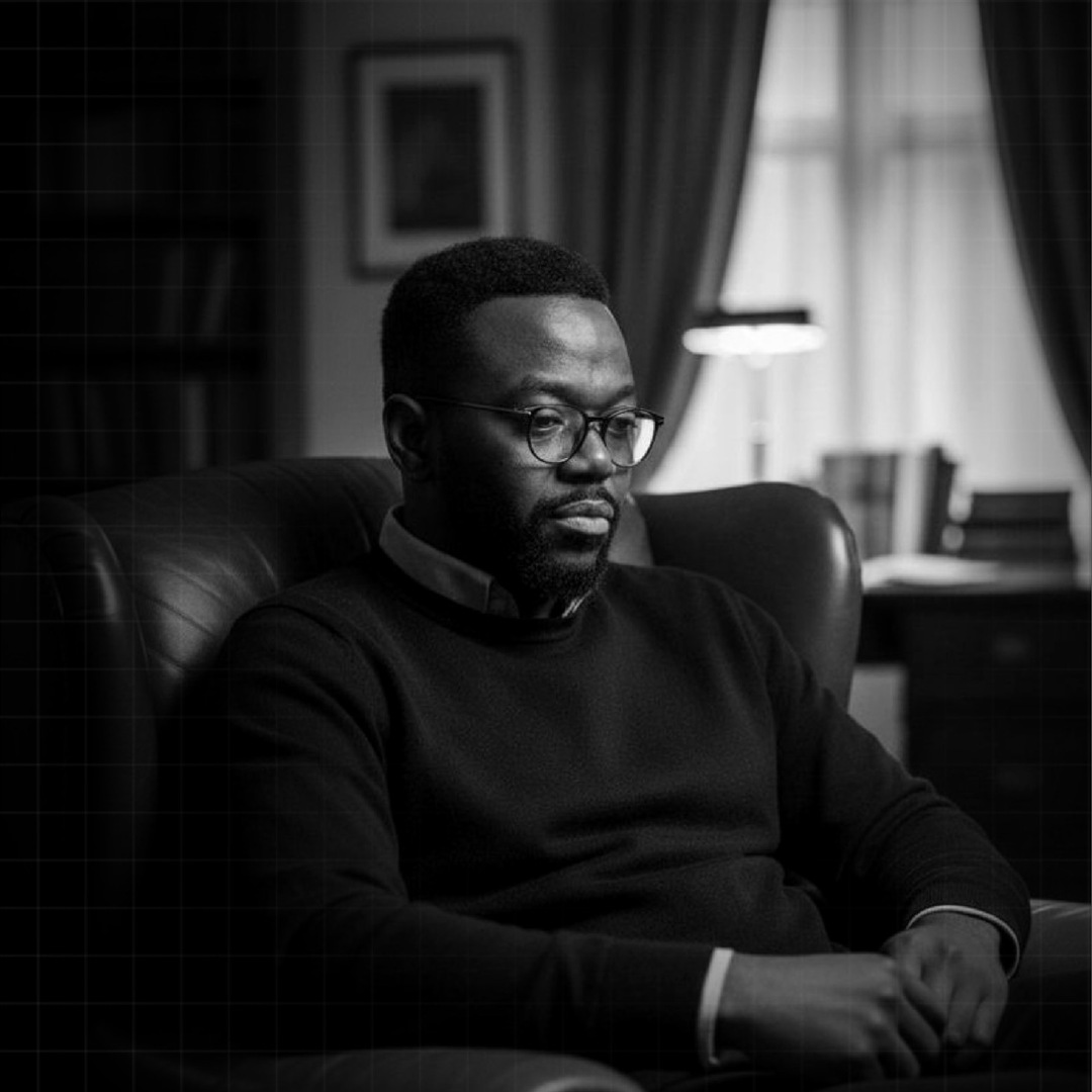 Rémy Muzembo, assis en fauteuil, noir et blanc