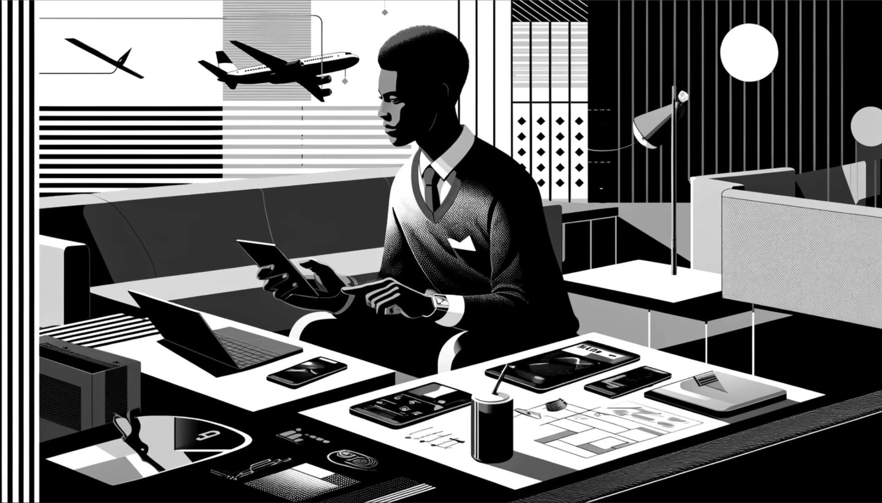 Illustration noir et blanc : l'architecte à son bureau, plans et outils de travail devant lui